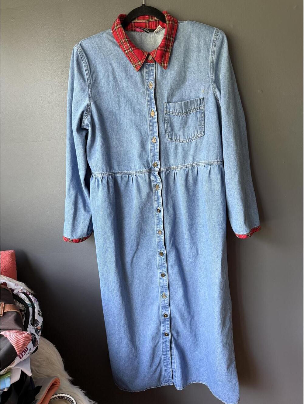 M.H.M. by Melissa Harper Denim Shirt Dress Red Plaid Collar Belted Size 14